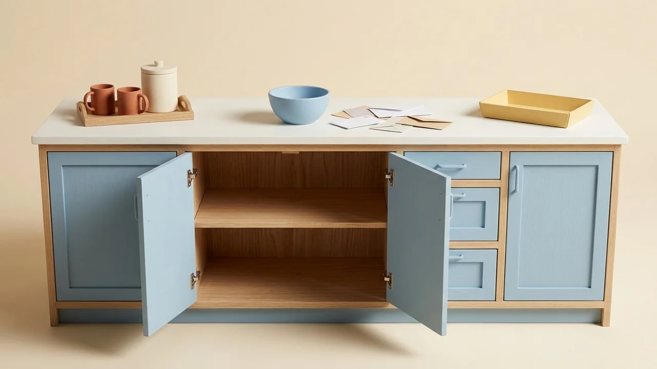 A miniature kitchen with mugs together on the left and a bowl and papers occupying the central work surface.